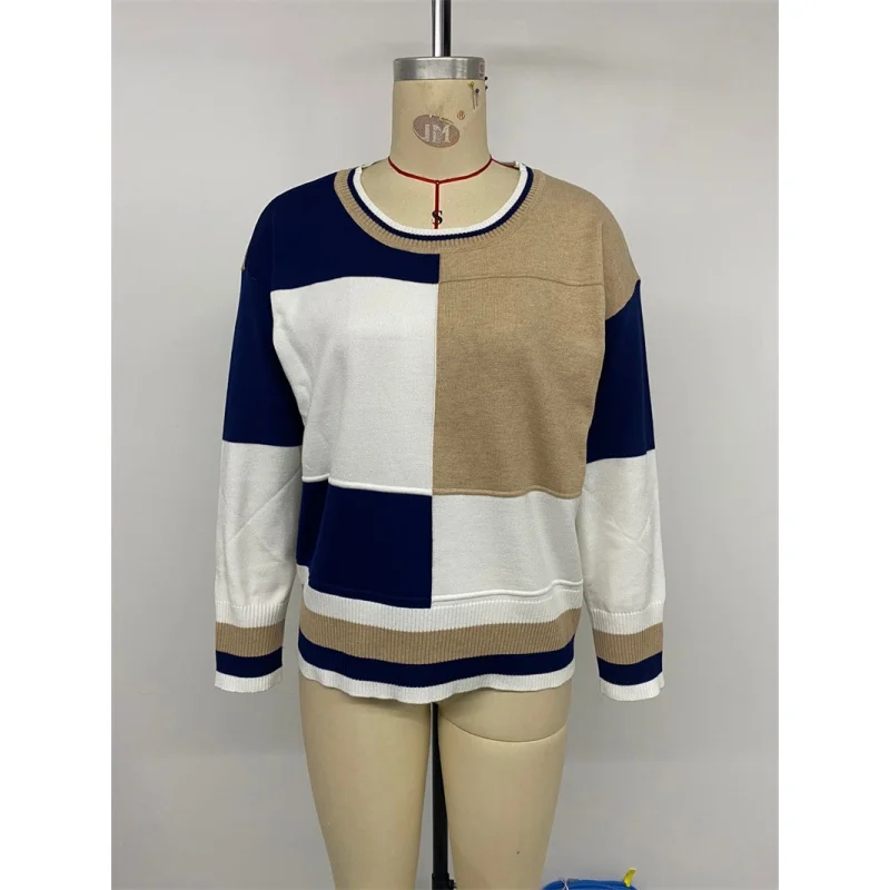 

Casual Faion Knitted Sweater Autumn Women Top Soft Polyester Fiber Print Geometric Pattern Long Sve round Ne Pullover