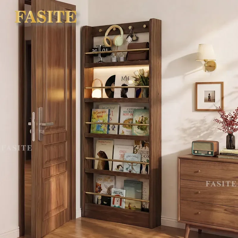Solid Wood Floor to Ceiling Bookshelf Ultra Thin Multi Layer Wall Mounted Narrow Entrance Storage Display Shelf Ancient Style