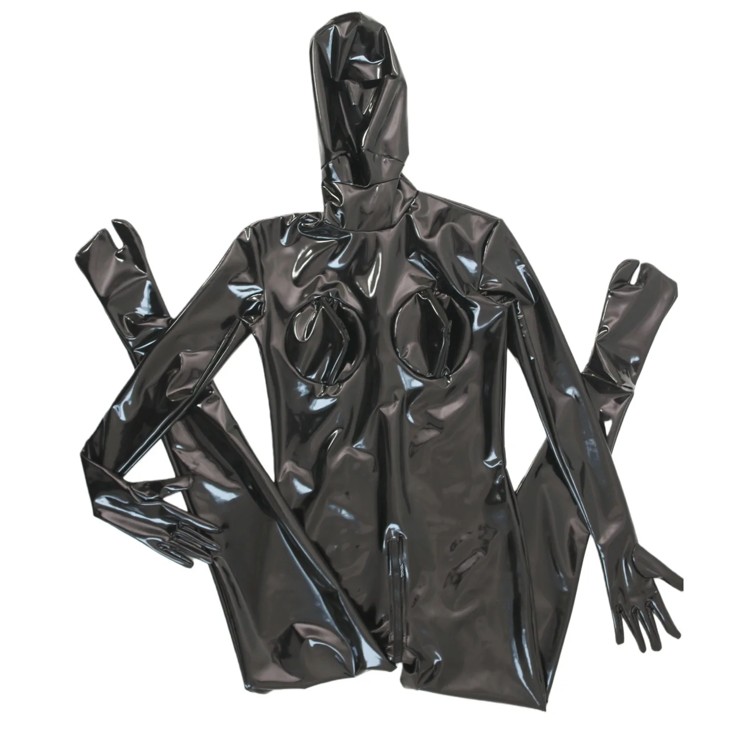 3D Stereoscopic Chest Open Jumpsuit Zentai Role-Playing Wrapped Completely Bodysuit Hooded Zipper Crotch Shiny Leather Leotard