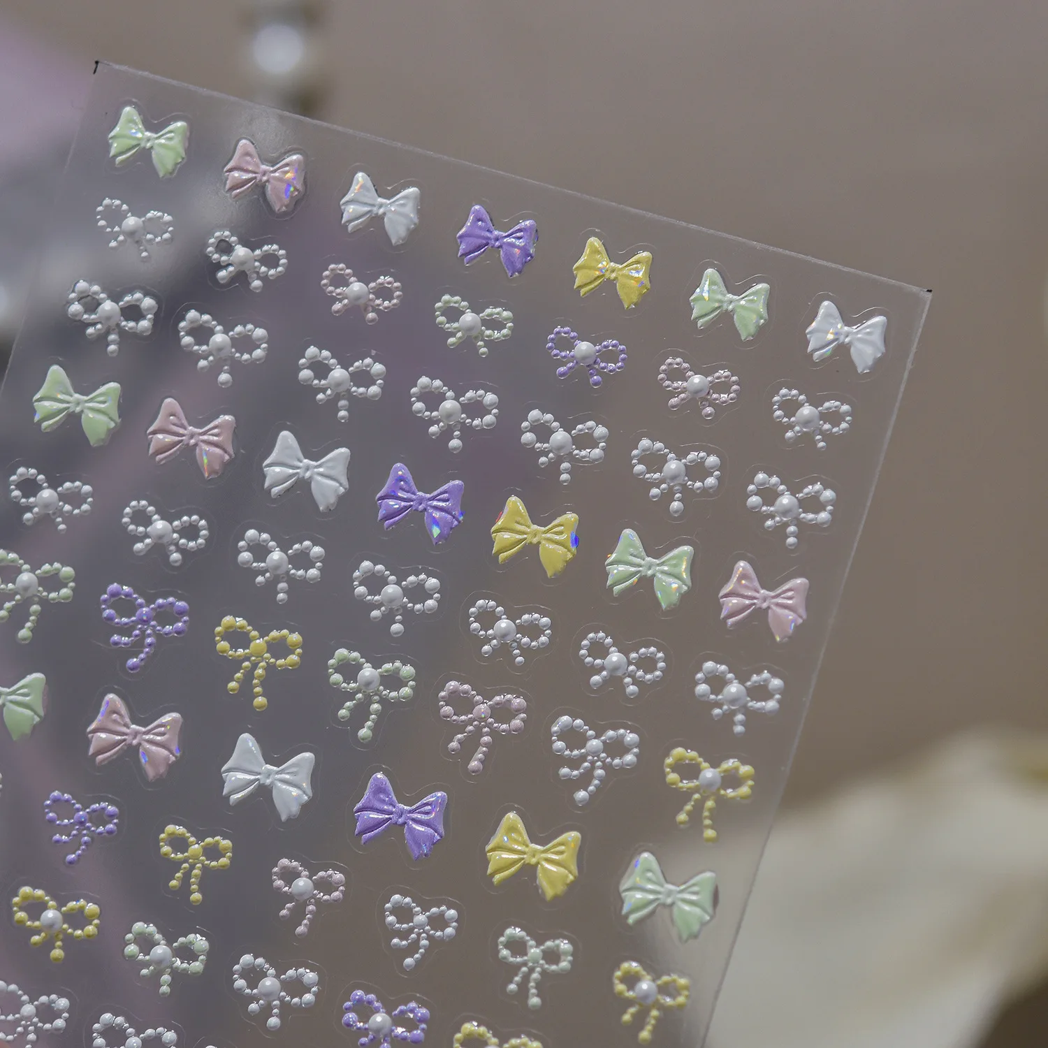 5D Kawaii Macaron Cute Bow Nail Stickers Shiny Pastel Mini Ribbon Bow Pearl Bead Chain Decals Sweet Soft Girls Manicure Supplie