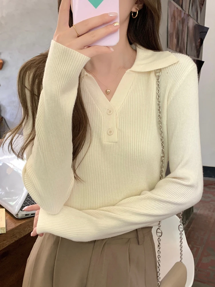 Female Sweater Autumn Winter Half-open V-lapel Pullover Korean Version of Long-sleeved Wearing Loose Sweater Slim Button Tops
