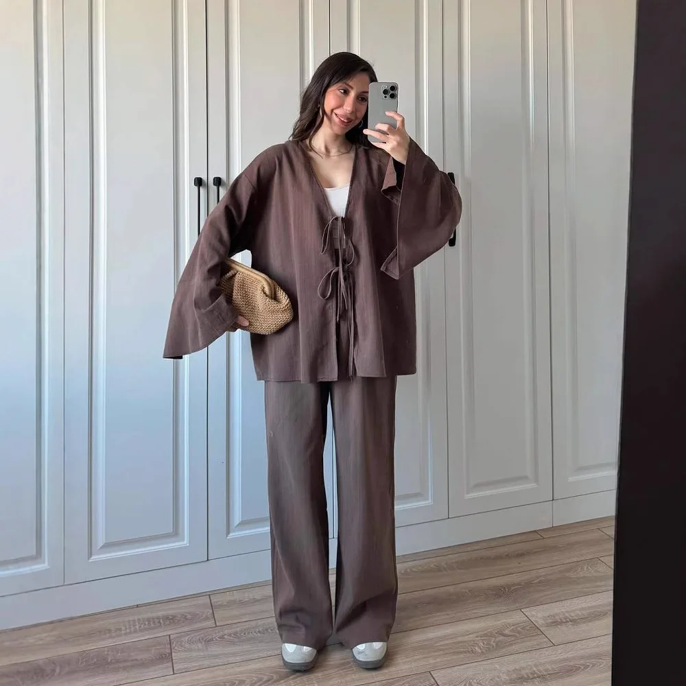 Autumn Spring Women Two Pieces Pant Sets Solid Matching Set Lace Up Cotton Linen V Neck Shirt High Waist Loose Full Length Pants