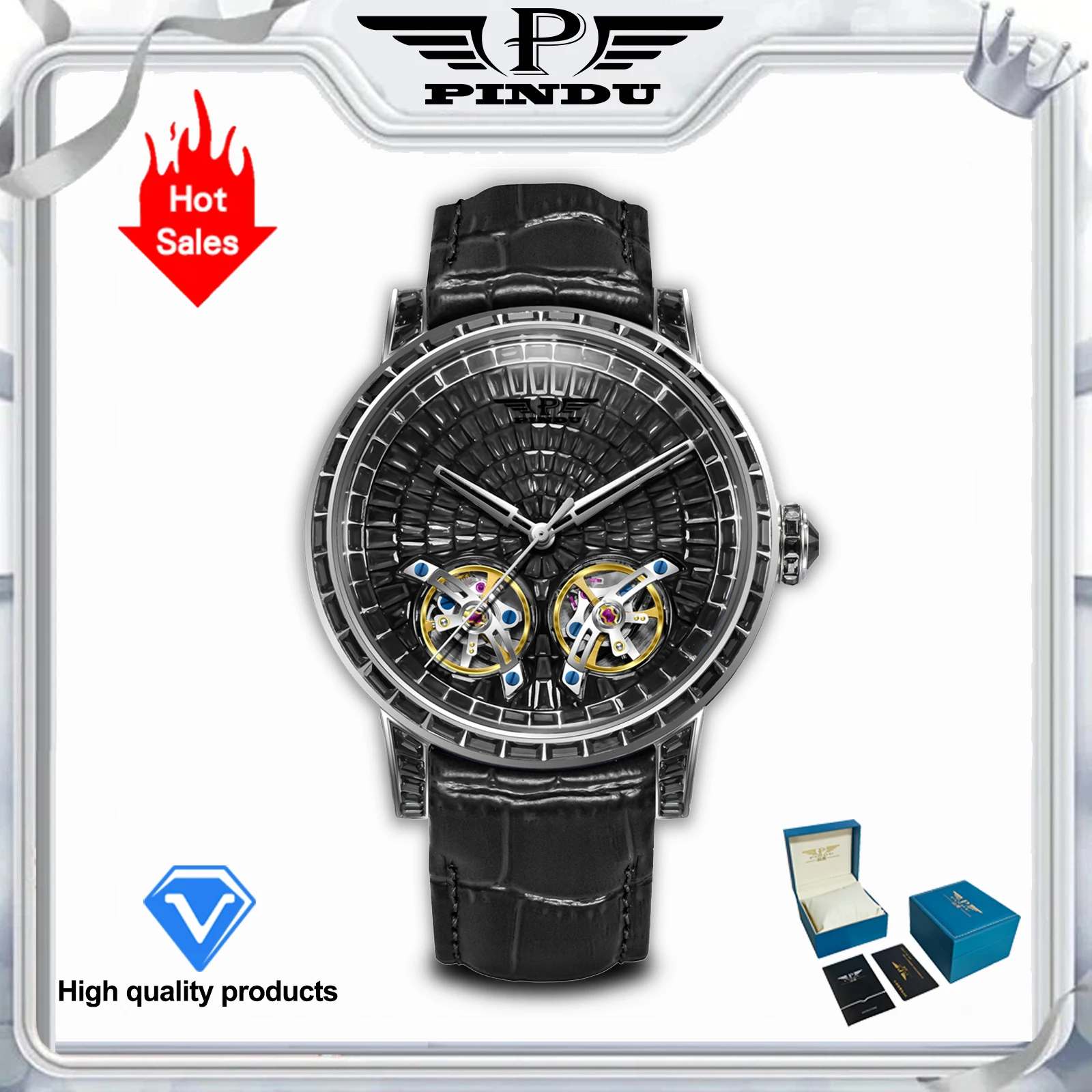 2026 PINDU Design New Double Flying Wheel Mechanical Watch Men Top Luxury Watch Sapphire Glass Waterproof Diamond Watch Leather image 3