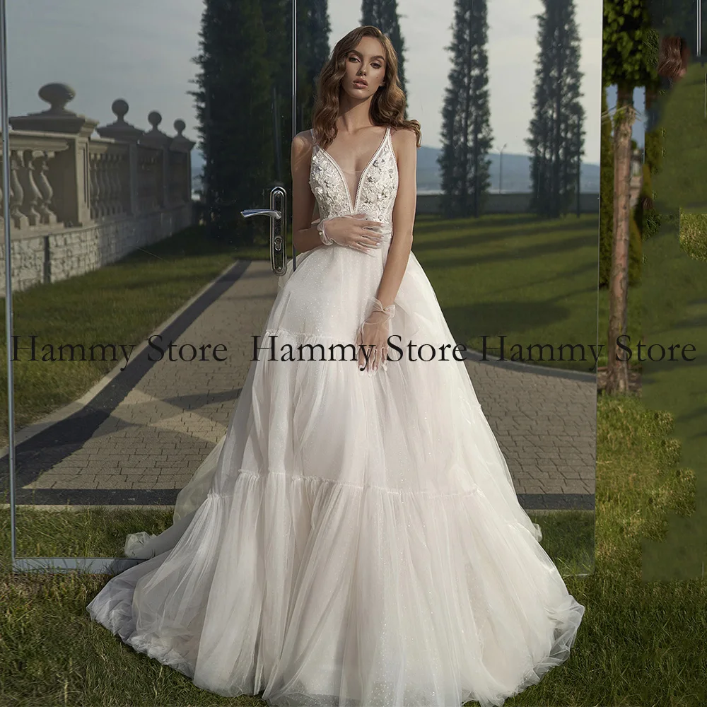 Romantic Women Wedding Dress Spaghetti Straps V Neck 3D Flowers Applique See Through Backless A Line Robe De Mariee Bridal Gown