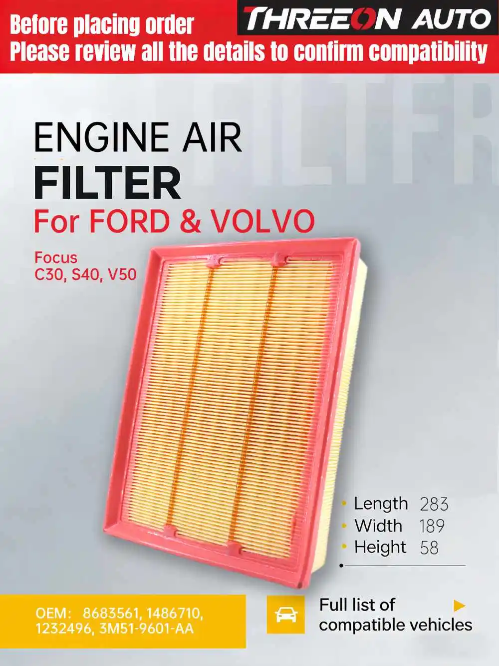 For FORD Focus mk2 2004-2012 For VOLVO C30 S40 V50 2006-2012 THREEON AUTO Air Filter TOA9540 1232496 1486710 3M519601AA 8683561