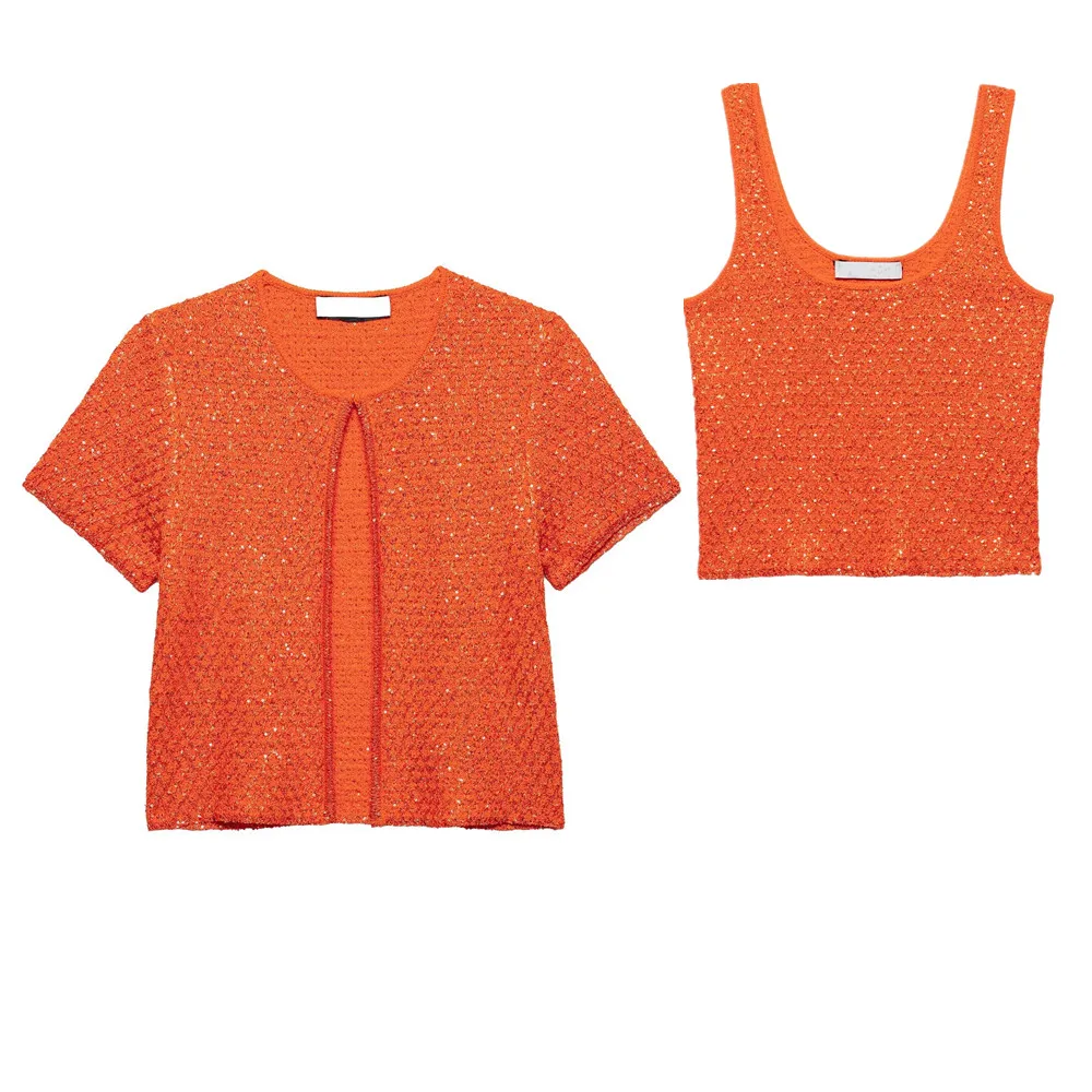 1 مجموعة الصيف رومانسية البرتقال الحياكة قصيرة الأكمام سترة اقتصاص تانك الأعلى واحد المغطاة زر الجبهة سترة فضفاضة البلوز