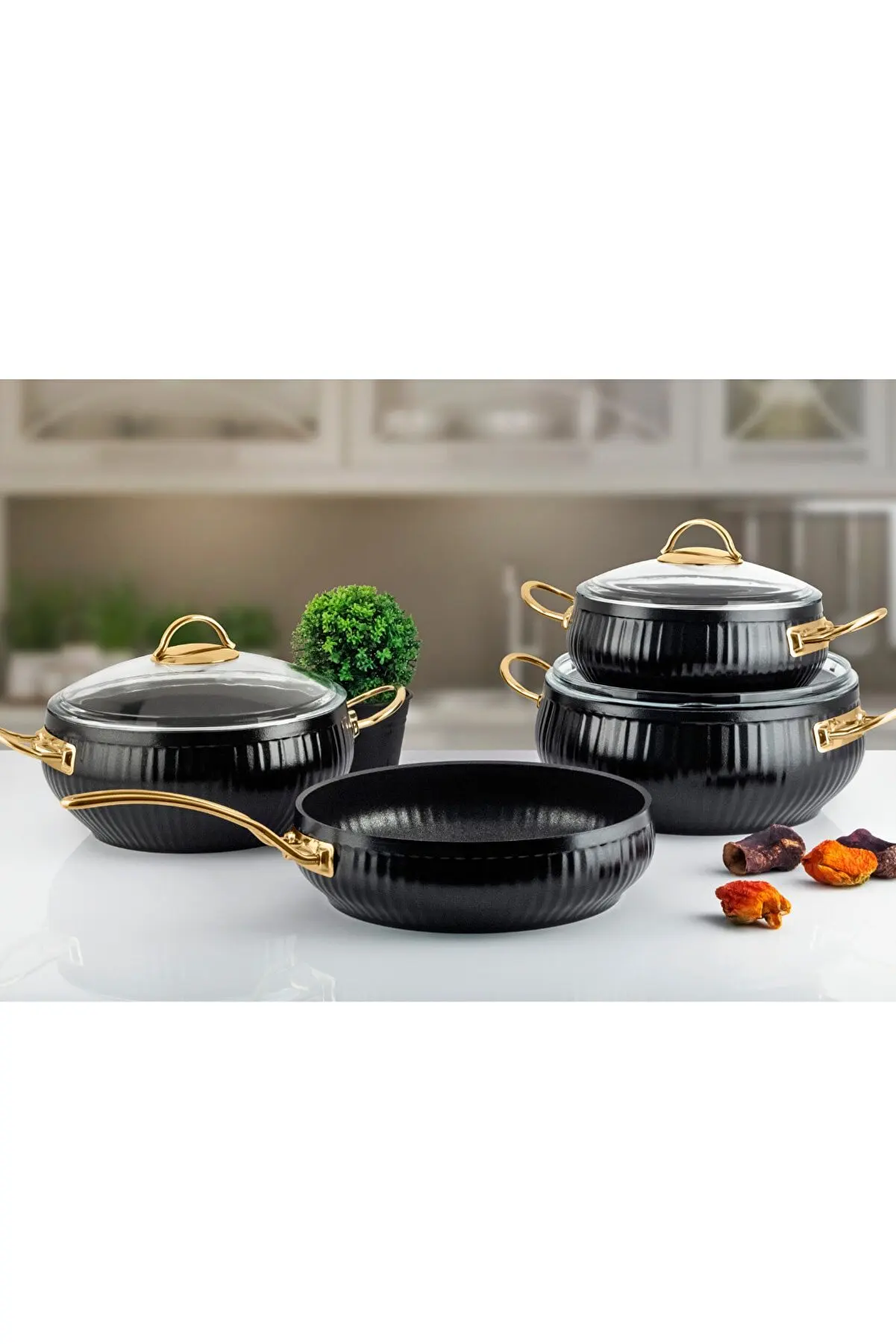 Granite 7 Pieces Stainless Non-Stick Cookware Set Gold Metal Handle Black Pan Kitchen Houseware Cooker Pancake Wok