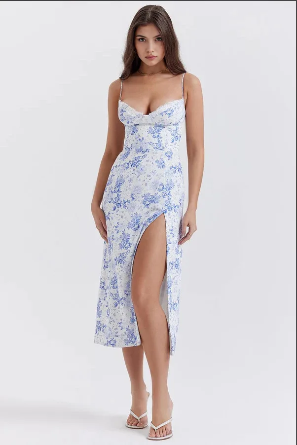 Abbigliamento femminile Abiti da donna 2025 Nuove donne Sexy Slim Bretella con spacco in pizzo Top a tubo Piccolo abito floreale Abiti da festa eleganti