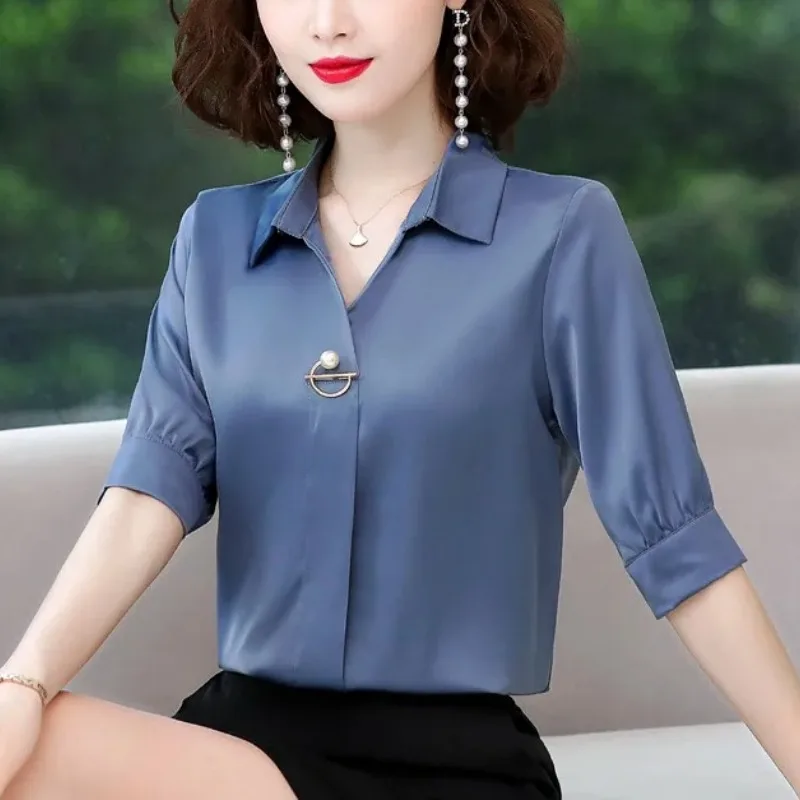 Women\'s Solid Color Summer Short Sleeve Turn-down Collar Rivet Chiffon Pullover Shirt Casual Elegant Comfortable Flattering Tops