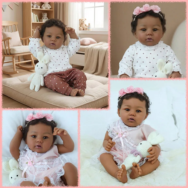 18inch Dark Skin Soft Cloth Body Abigail Lifelike Reborn Cuddly Reborn Doll Multiple Layers Painting 3D Skin Hand Rooted Hair