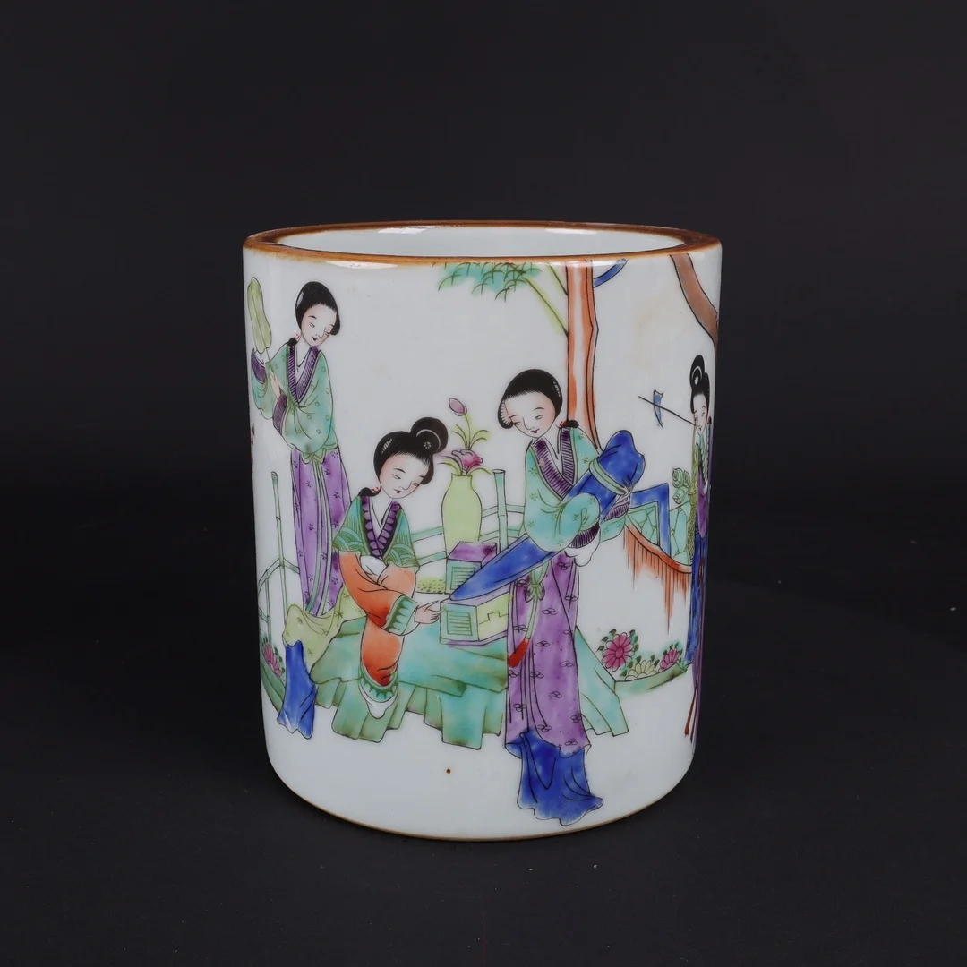 Chinese Pastel Paintings beauty lady porcelain Pen holder brush pot Decorations