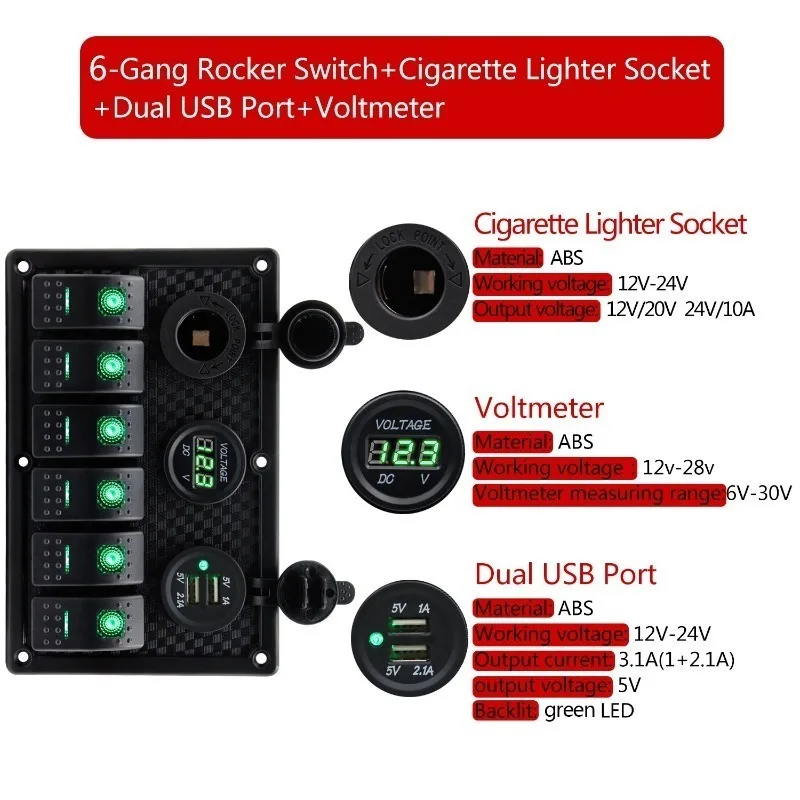 24V 12V 6 Buttons Switch Panel with Digital Voltmeter Tester USB Chargers 3.0 Light Toggle Car Power Adapter Marine Boat Caravan