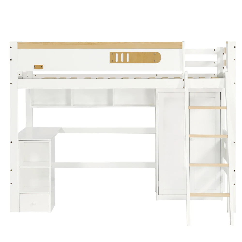 PINGGO Etagenbett für Kinder mit Fallschirmschutzgeländer, Schreibtisch, Kleiderschrank, Stauraum, 4-Stufen-Leiter, Kiefer, MDF, Sperrholz, Weiß, 90x200cm, ohne Matratze – Detail 10