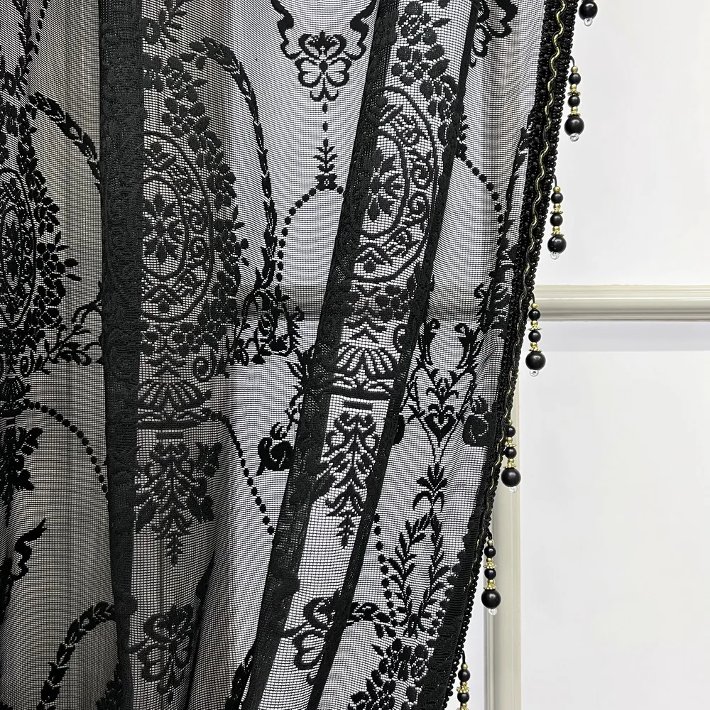 Black Ruffled Lace Sheer Curtains for Kitchen Farmhouse Crystal Beads Mesh Wedding Background Jacquard Floral Window Drapes