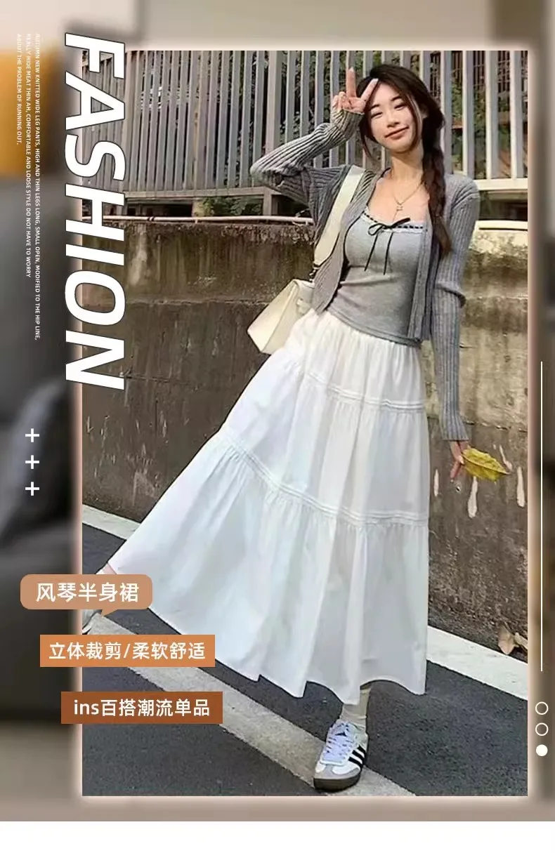 Spódnice Damskie Sukienka Balowa z Elastyczną Talią Spódnica Linia Luźna Y2k Streetwear Spliced Ankle Length Cake Dress 2025 Slight Strech White