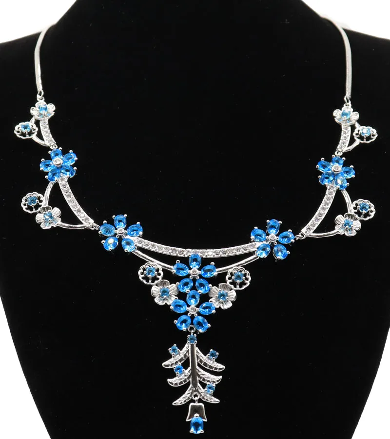 33x20mm Gorgeous Swiss Blue Topaz Tanzanite CZ Ladies Wedding Fine Jewelry Silver Necklace 19-20inch