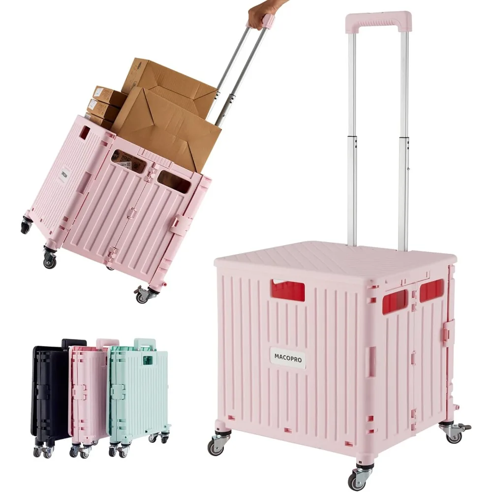 

Folding Utility Cart Portable Rolling Crate Handcart Shopping Trolley Collapsible Tool Box, with Lid, Basket on 4 Rotate Wheels