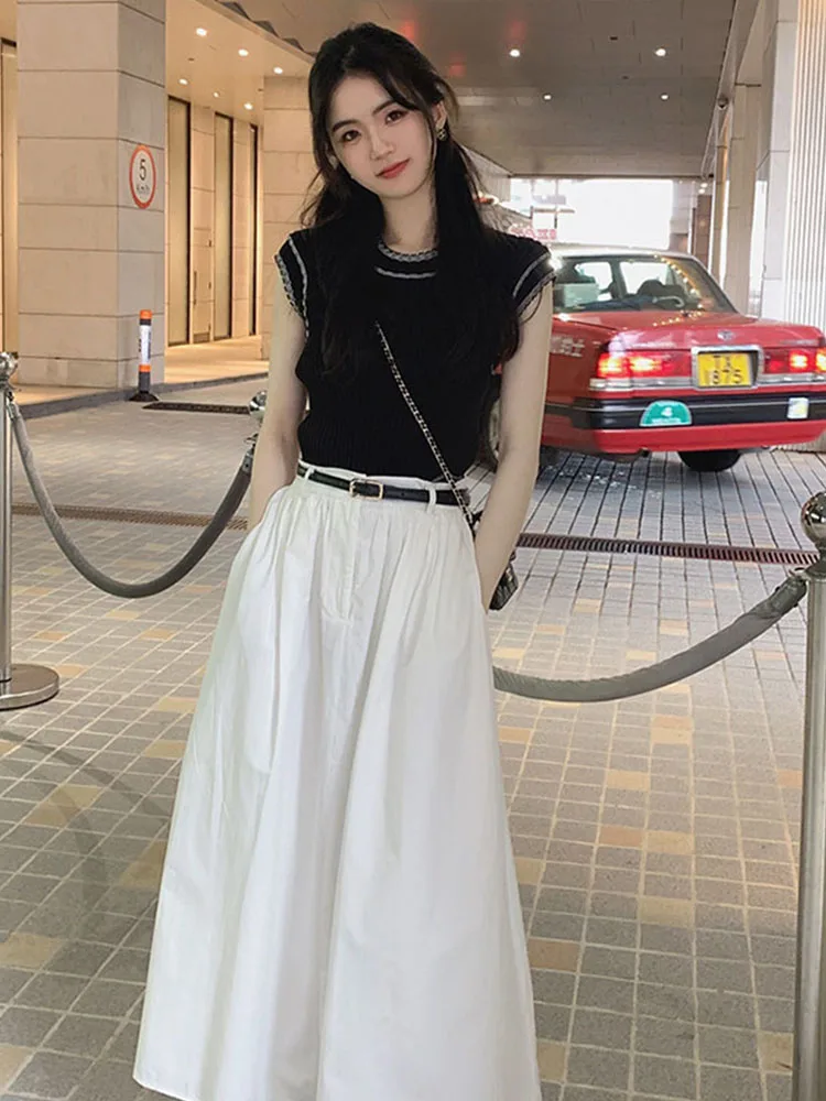 

Black Knitted Short Sleeve T-Shirt Women's Summer New Spicy Girl Design Short Style Sleeveless Top Korean Style round Neck