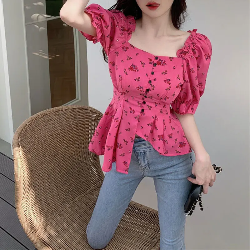 Hotsweet Stand Collar Waist Shirt 2024 Summer Puff Sleeve Women\'s Clothing Broken Flowers Fashion Asymmetrical Folds Slim Blouse