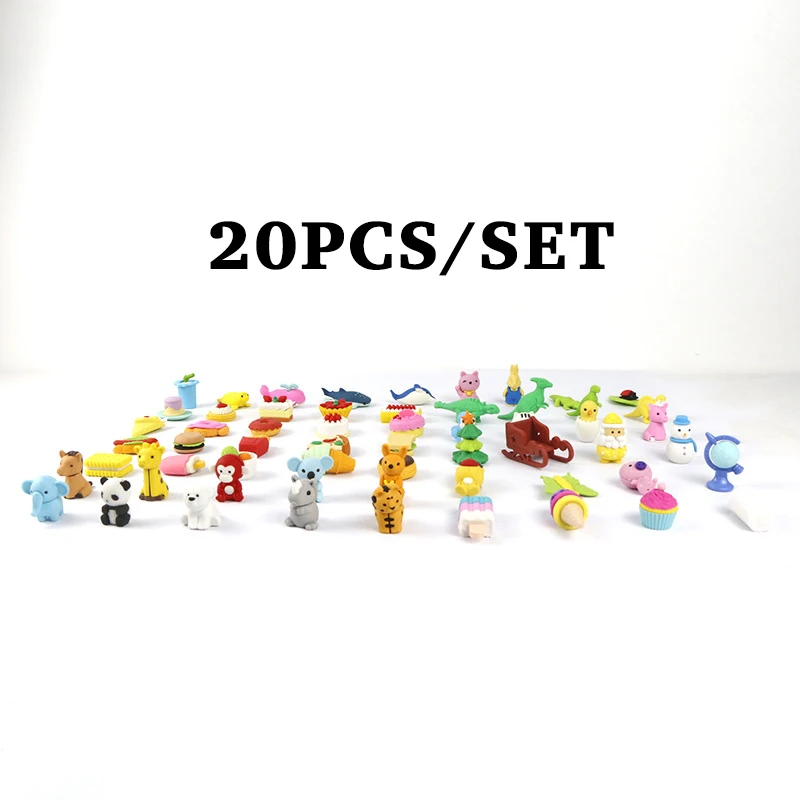 

20pcs/Set Cute Erasers 60 Random Creative Animal Food Fruit Pencil Eraser Small Kawaii Stationery Children'S Office Supplies