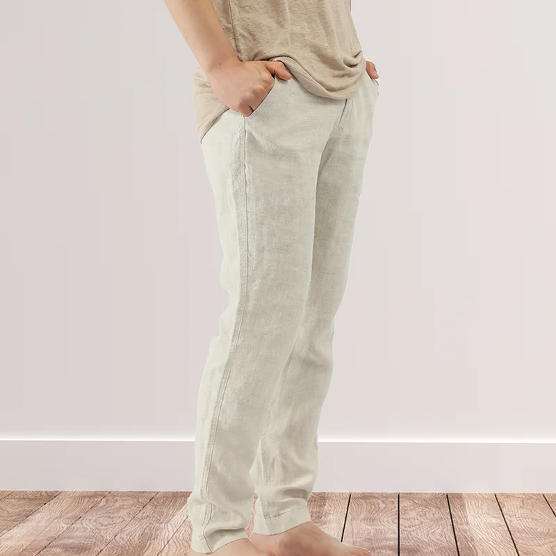 VNRY 100% Linen Men Long Pants with Pockets Breathable and Comfortable New Arrival Beige Size s-xxl fixed waist Casual Trousers