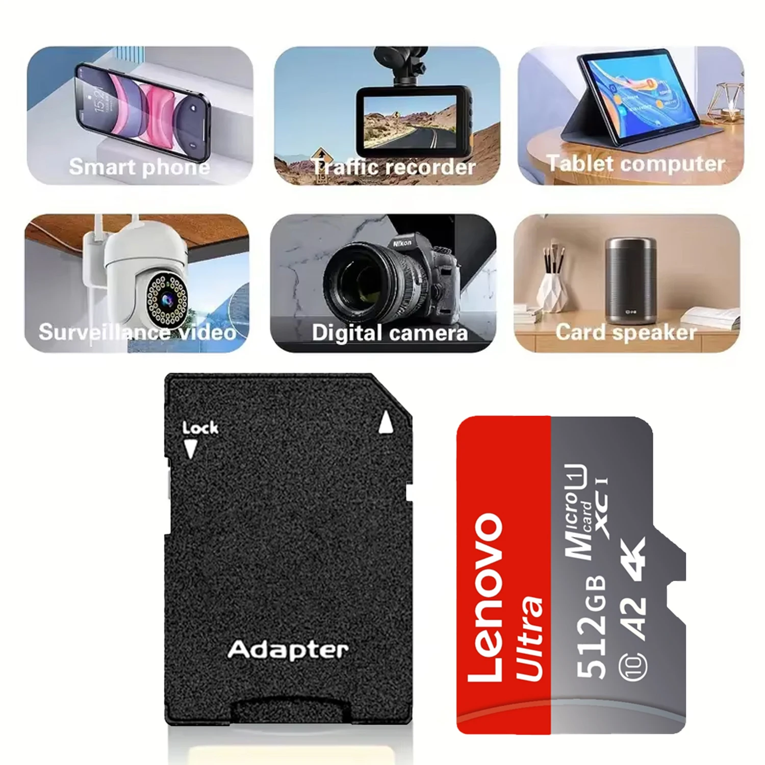 Lenovo SD Card Memory Card 512GB High-Speed V30 U3 TF Card 128GB Micro TF SD Card With Adapter For Phone/Tablet/PC Cross-Use