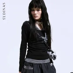 Yedinas Patchwork Fake Two Piece Tops Graphic T Shirts Women Clothes 2000s Clothes Y2k Goth T-shirt Female Clothing Autumn Chic