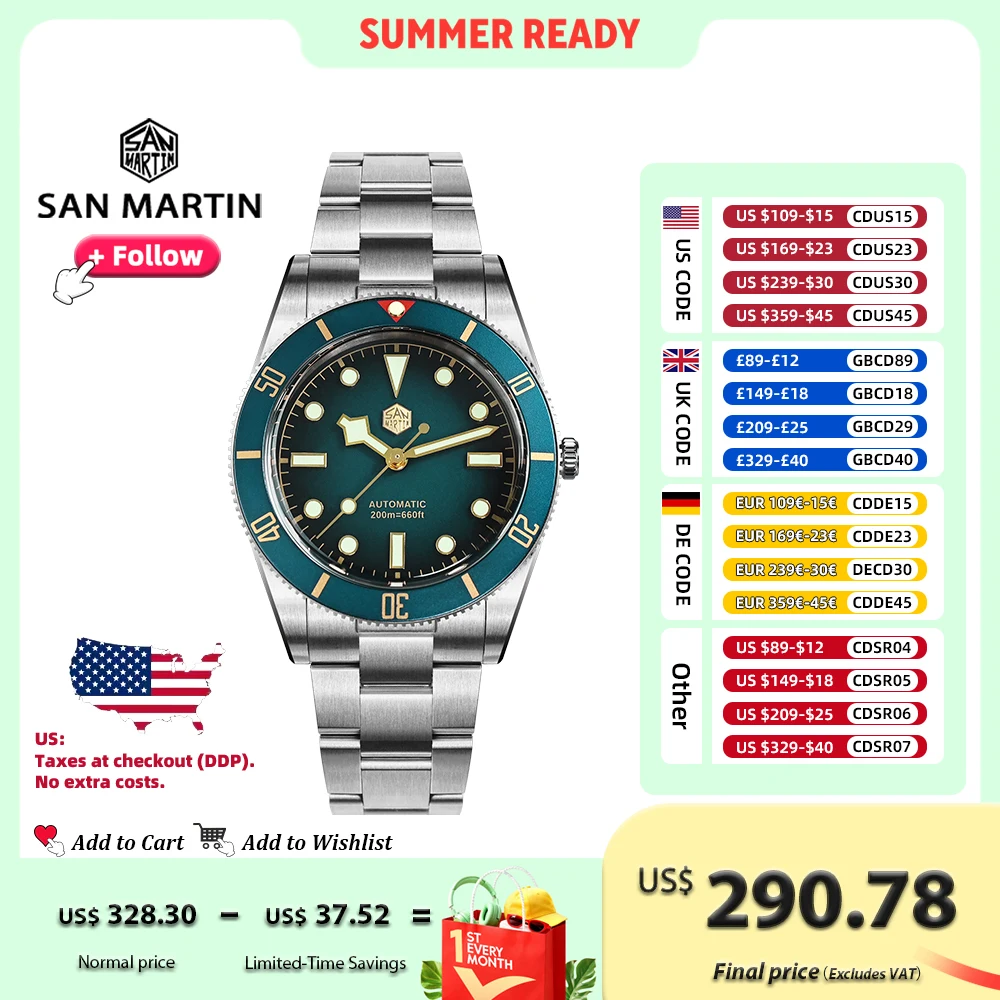 

San Martin 37mm SN0138 Upgraded Diving Watch BB54 Retro 28800BPH Automatic Mechanical Luxury Sapphire Crystal 20Bar Men Watches