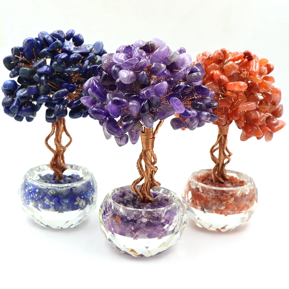 140mm Natural Stone Healing Crystal Money Tree With Cut Glass Base Reiki Energy Ornament Home Desk Spiritual Decor Gift Crafts