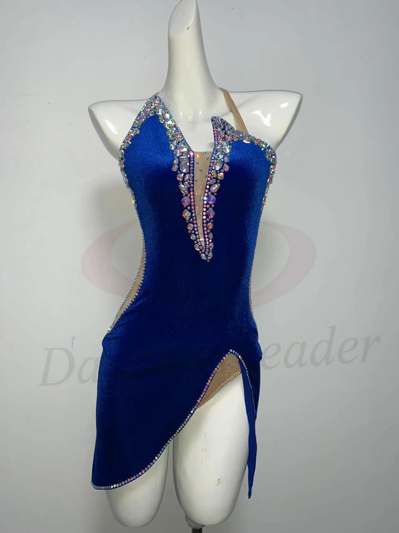 

Latin Dance Costume, Rhinestone Women's High-end Custom Velvet Suspender, Split Open Leg Samba Performance High Flash Dress