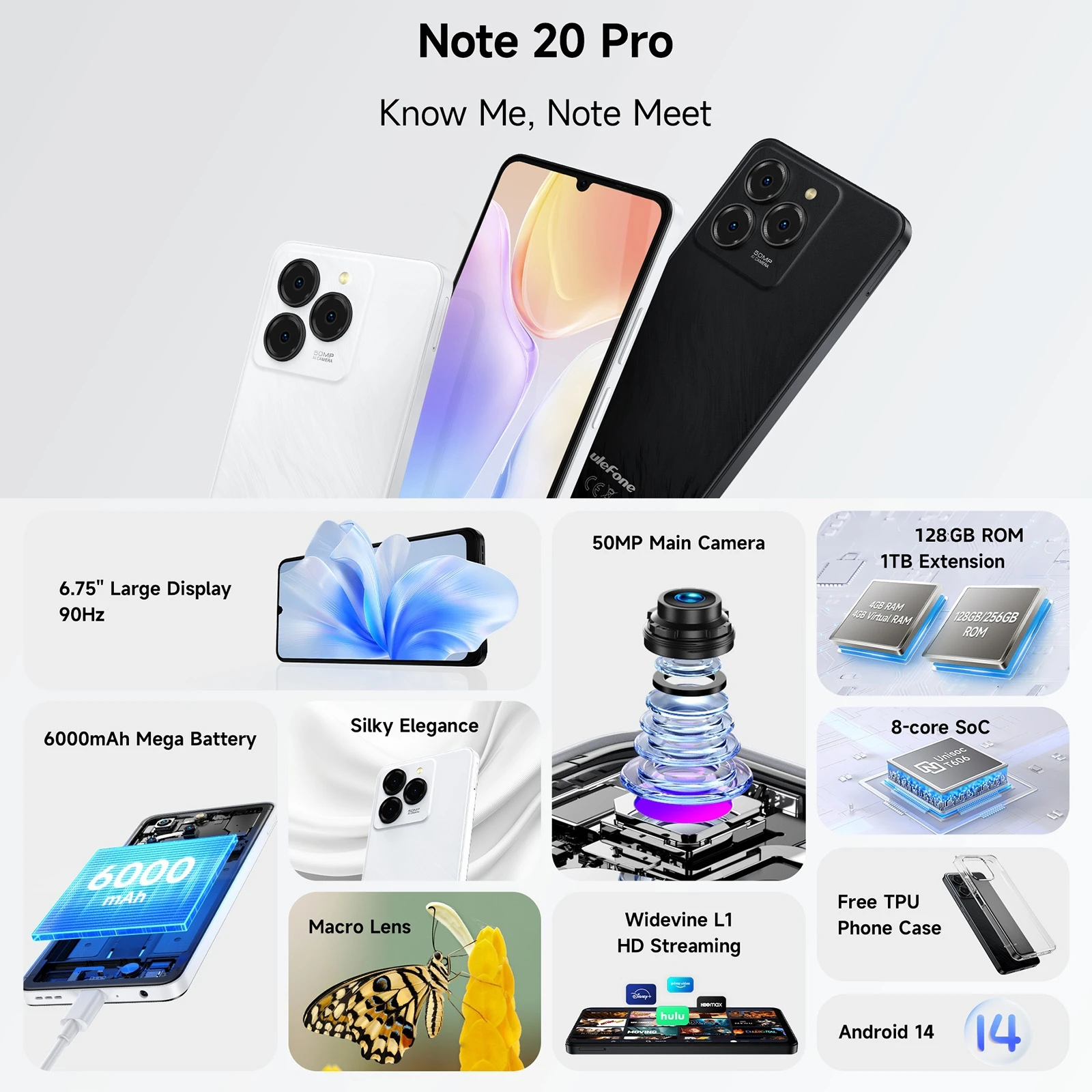 Смартфон Ulefone Note 20 Pro, камера 50 МП, аккумулятор 6000 мАч, 4 ГБ + 128 ГБ/256 ГБ, Unisoc T606, 6,75 дюйма, 90 Гц, 4G, Android 14 мобильный телефон