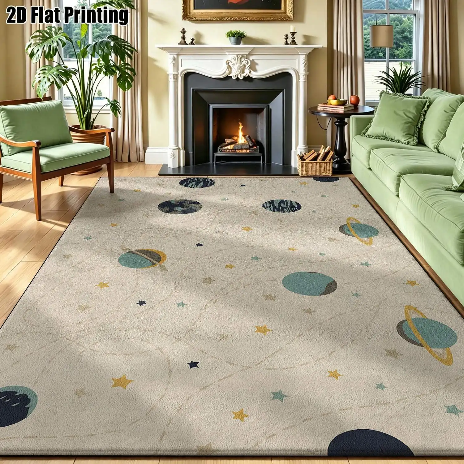 1Pc 2D Printed Carpet: Blue-Yellow Planetary Patterns Nordic/Modern Minimalist/Geometric Striped/Vintage Style, Home Decor, Multi-Size, Machine Washable. For Entrance, Living Room, Bedroom, Dining Room, Foyer.