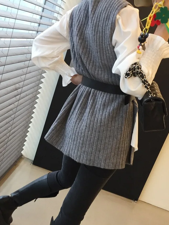 Chic Versatile di media lunghezza irt Dr con cintura in vita e colletto più gilet asimmetrico lavorato a maglia Set da due pezzi per donna
