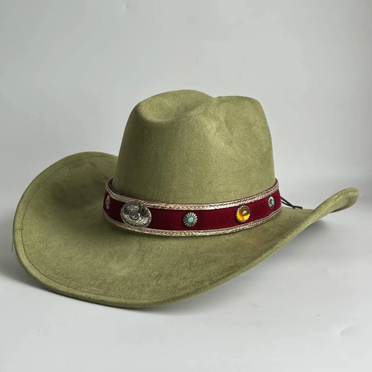 Western Cowboy Hat for Women Suede Wide Brim Fedora Hat with Red Velvet Band Turquoise Metal Ornament Bohemian Cowgirl Hat for V