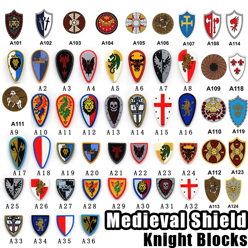 MOC Medieval Castle King Shield Building Blocks Army Warrior Red Lion Black Eagle Knight Soldier Figures Sword Weapon Bricks Toy