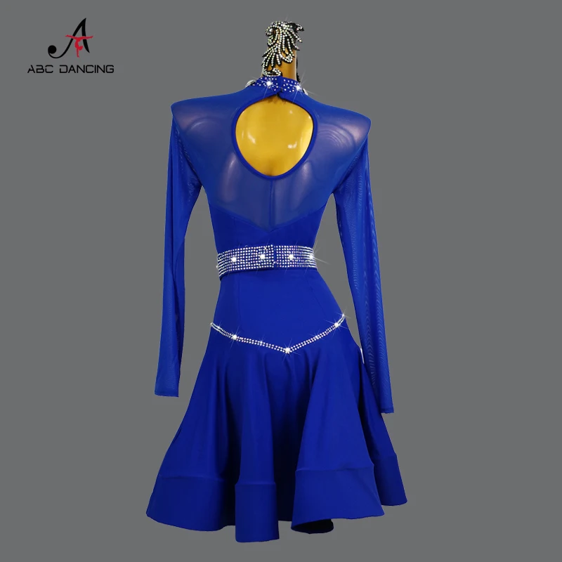 New Blue Latin Dance Professional Competition Dress manica lunga Sexy Samba Show Clothes Practice Wear Costume gonna corta da donna Nuovi prodotti e serie Personalizzazione Avanzata Abito da Ballo Unico Internazionale