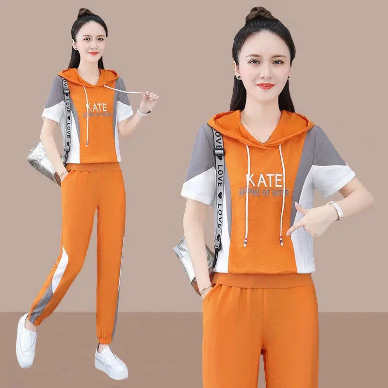 Women\'s Suit 2022 Spring Summer New 2 Two Piece Set Hooded Short Sleeve Crop Top Pants Leisure Tracksuit Korean Fashion Clothing