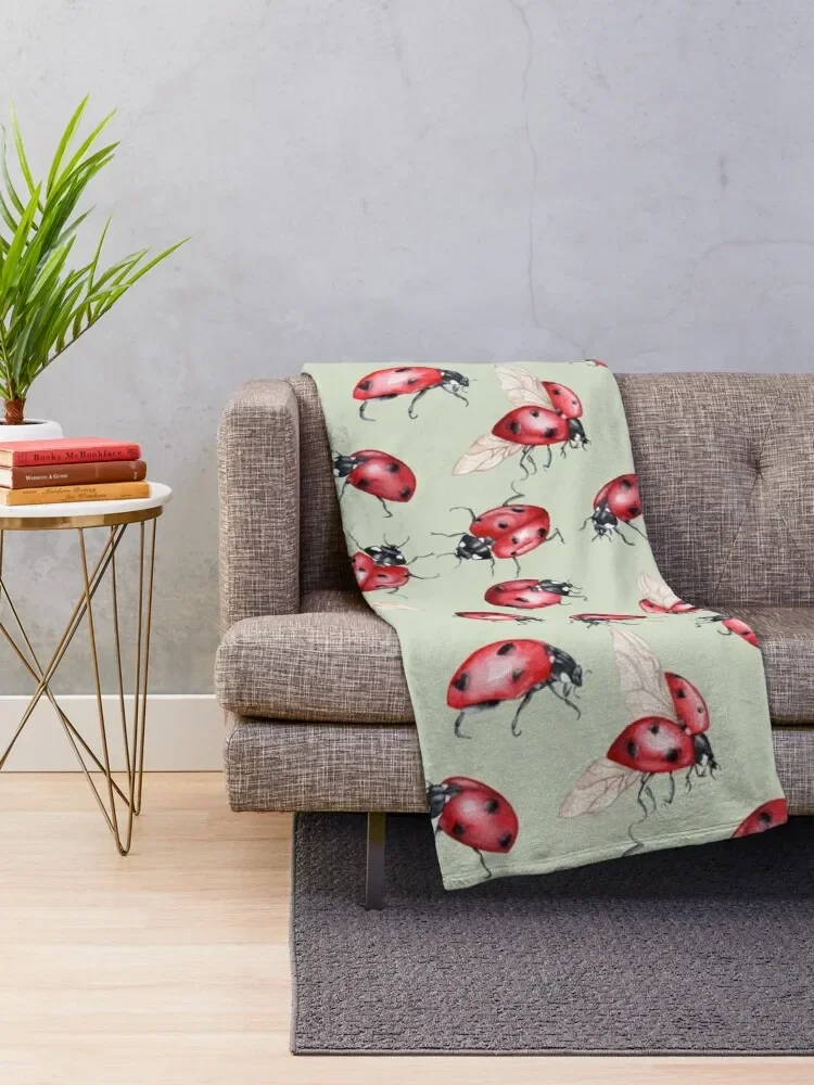 Watercolor ladybug repeating pattern -green Throw Blanket Baby Soft Big Blankets