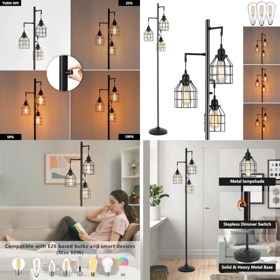 Floor Lamp for Living Room, Farmhouse Industrial Dimmable Floor lamp, 3 Lights Metal Cage Tree Standing Lamp, 68