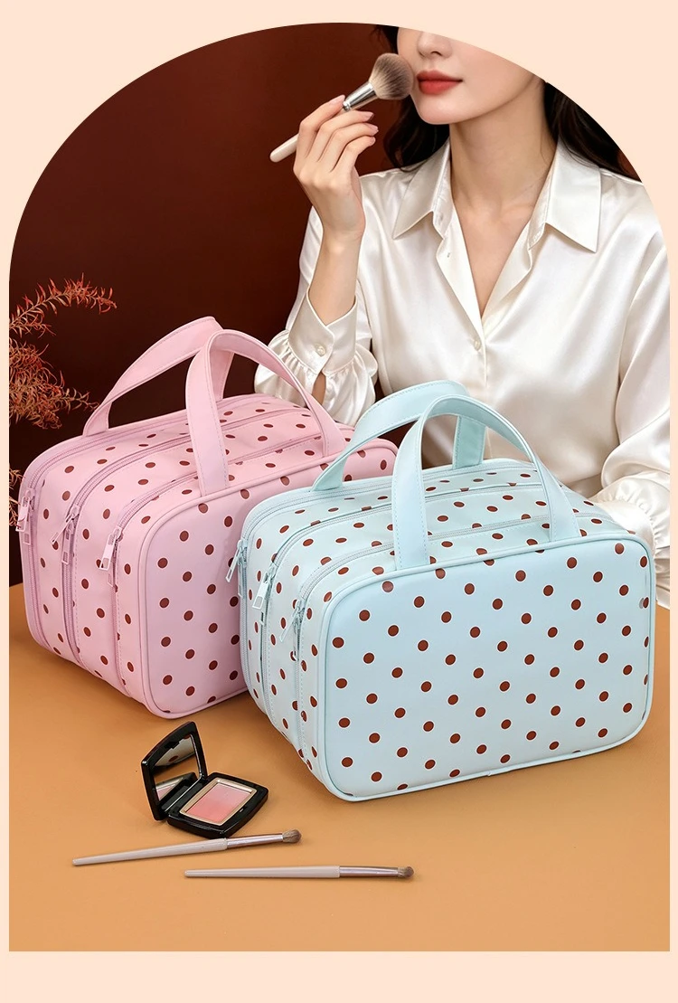 Polka Dot Make-up-Tasche mit großem Fassungsvermögen, tragbarer Reise-Kosmetik-Organizer, wasserdichte Hand-Kulturtasche für Damen – Detail 2