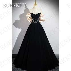 Off The Shoulder Prom Dress Princess Black Velour Korea Sweetheart Neck A Line Formal Evening Party Gown Floor Length 이브닝드레스