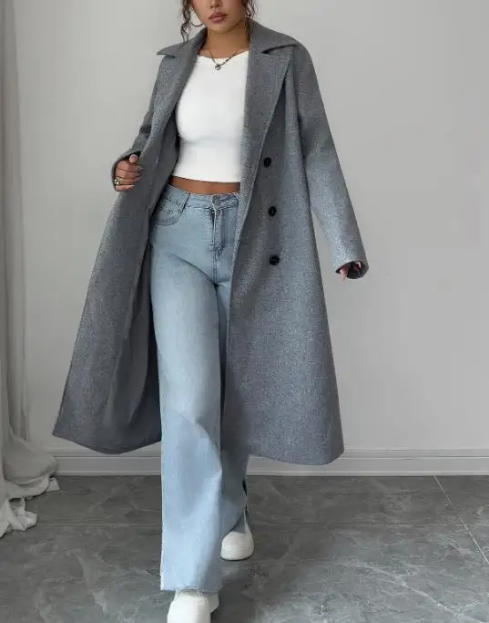 

Elegant and Simple Double Breasted Coat for Autumn and Winter, Korean Style Girl Coat, Solid Color Loose Coat with Lapel