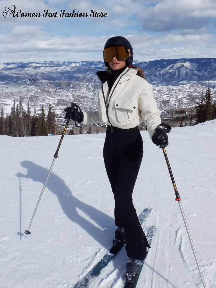 Windproof Contrast Color Skiing Jumpsuits 2026 Winter Warm Stand Collar Zipper Pockets Snowboard Ski Suit Lady Hiking Clothings