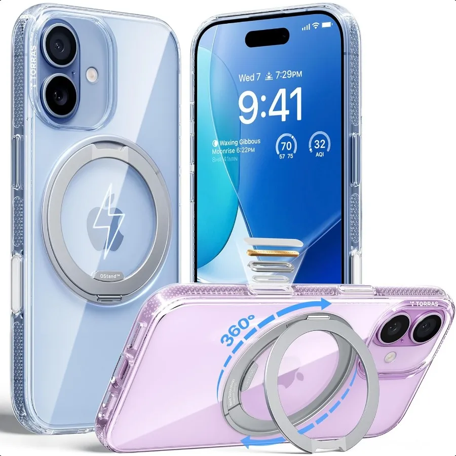 

TORRAS 360 Magnetic Stand for iPhone 17 Case [Rotatable Sturdy Kickstand][Fit for MagSafe][4X MilGrade Shockproof] Slim Transpa