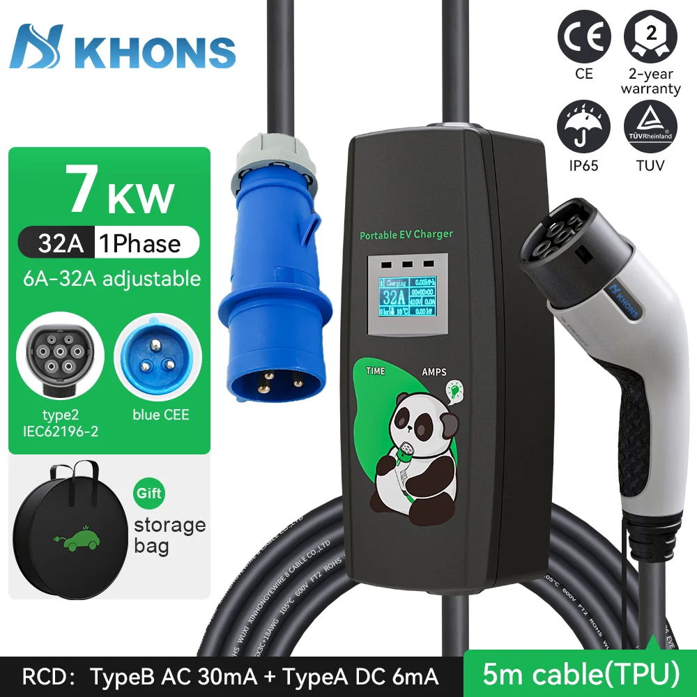 Khons 7kw เครื่องชาร์จรถยนต์ไฟฟ้า 32A Single-Phase EV Charger แบบพกพา Type2 32A สายชาร์จ CEE ปลั๊ก EV สถานีชาร์จ