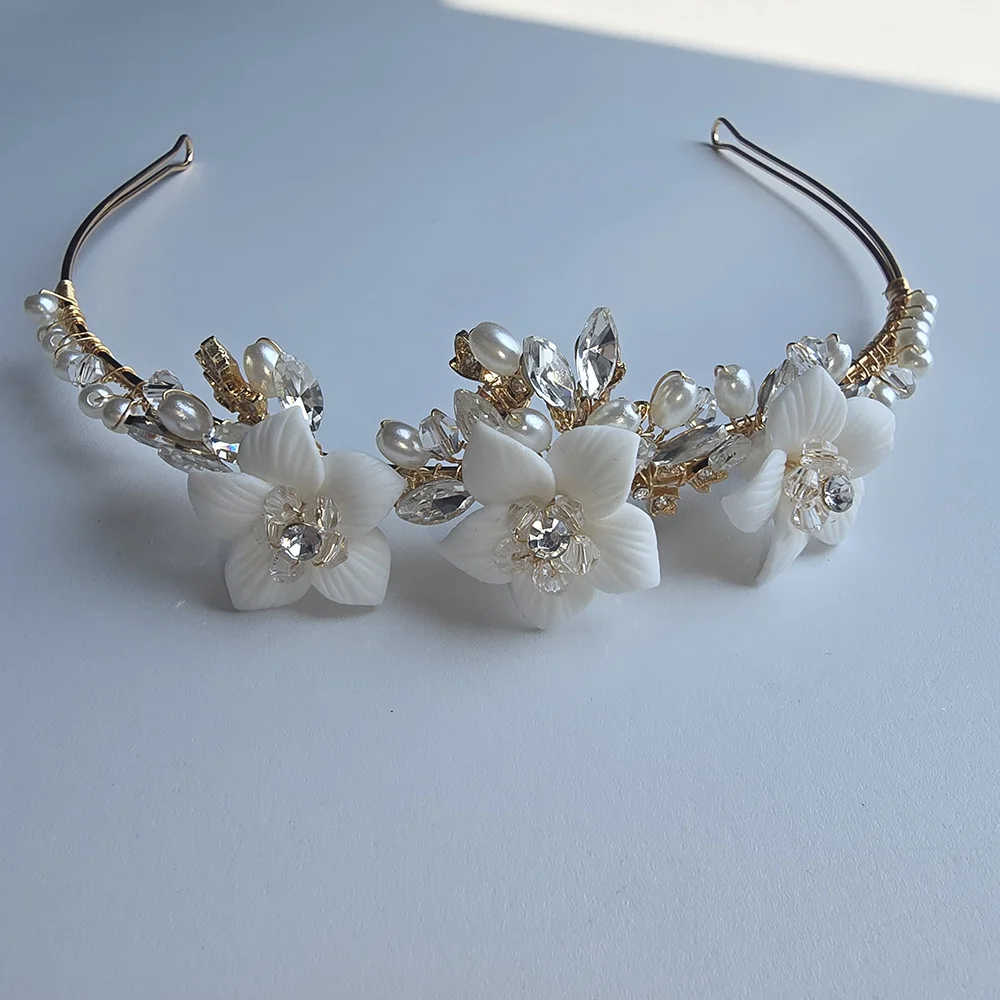 

SLBRIDAL Handmade Alloy Crystals Rhinestones Pearls Ceramic Flower Bridal Tiara Wedding Princess Party Crown Women Girls Jewelry