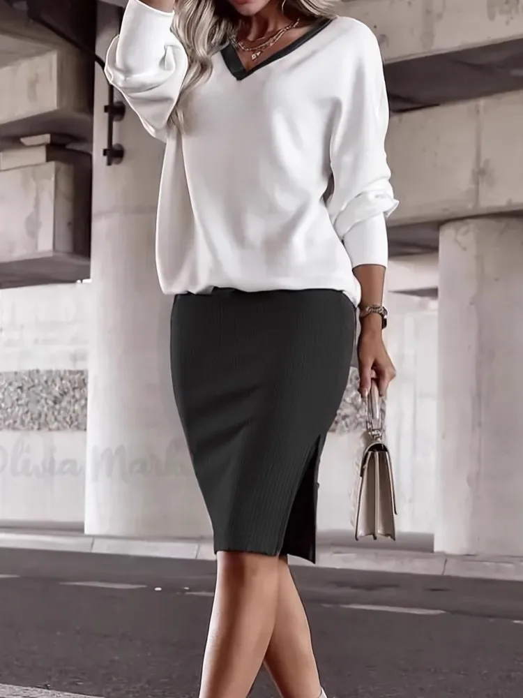 

Модный женский повседневный свободный костюм-толстовка, обтягивающая юбка, топ с длинными рукавами, комплект из двух предметов, новые осенне-зимние наряды из двух предметов для женщин