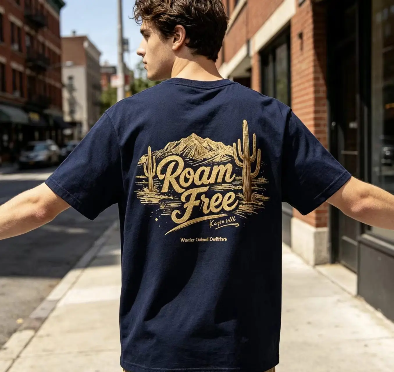 Men Vintage Western Desert Cotton T‑Shirt, Roam Free Cactus Mountain Graphic Print Casual Short Sleeve Tee For Male