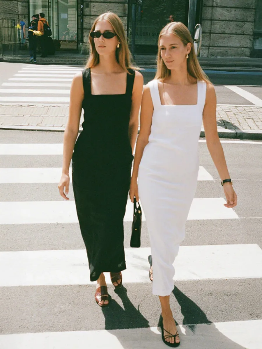 Solid Color Cotton Linen Square Neck Wide Straps Dress Fashion Slim Fit Back Split Long Dress Summer New Women's Clothing