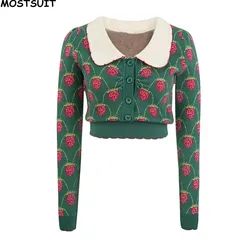 Green Slim Knit Sweater For Women Strawberry Jacquard Elegant Vintage Ladies Crop Tops Knitwear 2024 Autumn Long Sleeve Jumpers